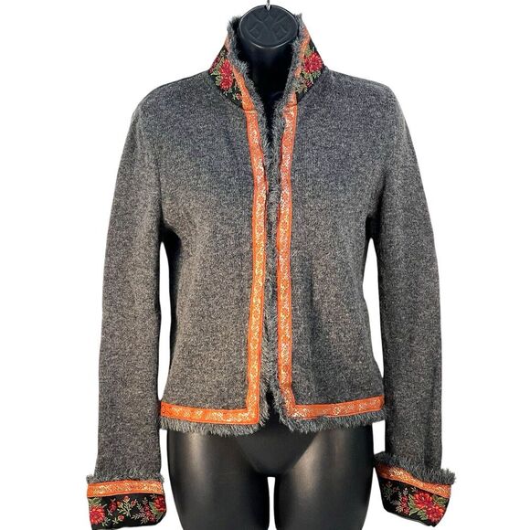 Free People Wool Fair Isle Ribbon Trim Collared‎  Cardigan Grey S/P - Picture 1 of 6